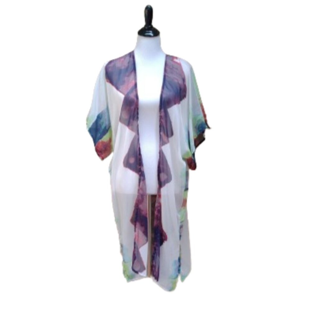 Mudd Multicolor Kimono Top Sheer Long Duster Dolman Short Sleeves Cover-Up Tunic